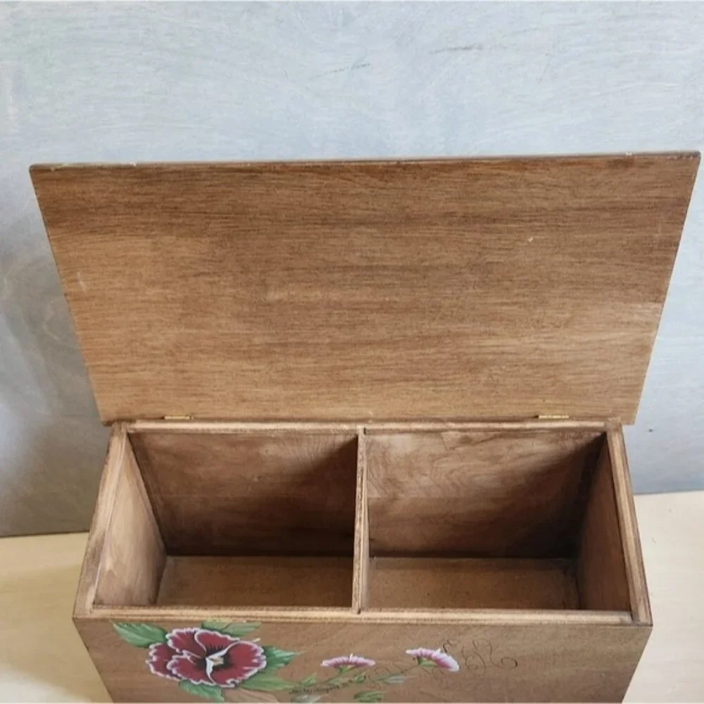 Divided Hand-Painted Wooden Box‎ with Floral Design, Tea/herbs/office/seeds Etc